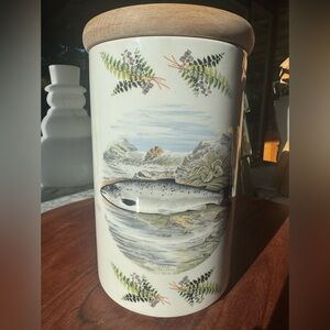 Vintage Portmeirion pottery canister with fish design and wood lid